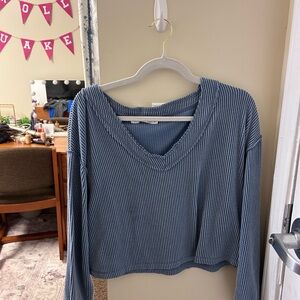 Altar'd State Blue Ribbed V-Neck Sweatshirt